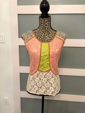 Champagne Lace Layered Tank with Peach and Neon Yellow Accents